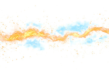 Obraz premium A mesmerizing wavy energy stream with vibrant yellow and blue light trails surrounded by sparkling particles and a misty glow against a transparent background