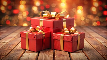 Festive Red Gift Boxes with Gold Ribbons on Rustic Wooden Background - Bokeh Lights