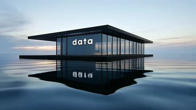A house built on the surface of water, with data visibly labeled on its side, representing the innovative solution of integrating vast amounts of raw data and structured data int