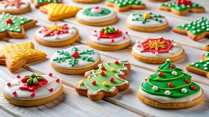 Fototapeta premium Festive Sugar Cookies: Dozen Decorated Treats on White Wood Background - Tilt-Shift Photography