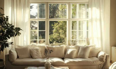 Bright and airy living room with neutral tones, plush sofas, and large windows letting in soft natural sunlight