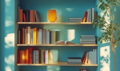 Bright and colorful bookshelf filled with neatly arranged books, illuminated by natural light for a clean and inviting composition