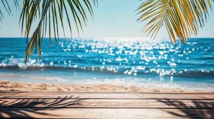 Fototapeta premium Tranquil Beach Paradise: Wooden Deck Overlooking Sparkling Ocean