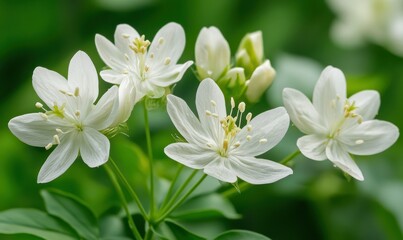 Fototapeta premium Blossoming white flowers against a soft natural background, close-up detail showcasing delicate textures and vibrant petals, tranquil and serene floral beauty,