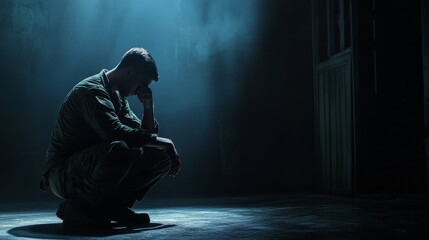 A lone soldier questioning war ethics, sitting in a dark room, deep emotions,