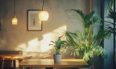 Bright cafe interior with modern wooden tables, hanging pendant lights, and lush indoor plants creating a cozy and inviting environment,
