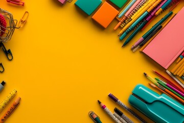 This visual representation showcases a dynamic office environment, characterized by a yellow background and a thoughtfully composed flat lay of essential office items, including paper notebooks,