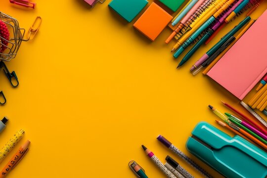 This visual representation showcases a dynamic office environment, characterized by a yellow background and a thoughtfully composed flat lay of essential office items, including paper notebooks,