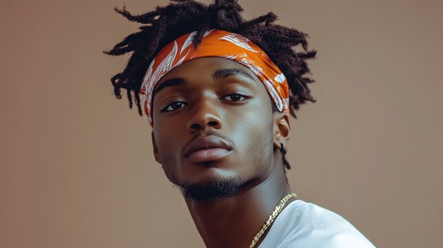 A young man, clad in a pristine white athletic top and a vibrant headband, exudes confidence as he strikes a pose against a clean, neutral backdrop, showcasing the headband is design and versatility