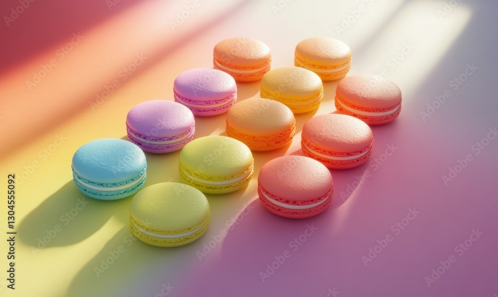 Poster bright flat lay of colorful macarons arranged neatly on a smooth pastel surface illuminated by soft 