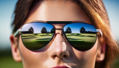 Extreme close-up of a golfer&rsquo;s focused eyes, with the reflection of the golf course in their sunglasses, capturing determination and concentration during a crucial shot.
