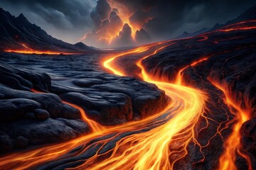 Fiery River of Molten Rock: Dramatic Lava Flow at Night