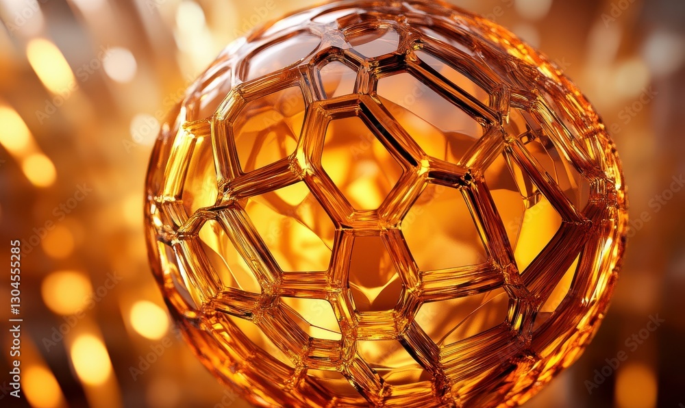 Poster close-up of a glowing abstract geometric sphere in radiant orange tones, intricate patterns and text