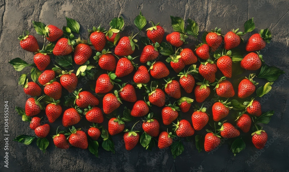 Poster bright flat lay of fresh strawberries arranged neatly on a textured gray surface, their vibrant red 