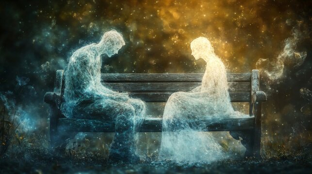 Bittersweet moment between worlds, solid male figure with ghostly translucent woman on aged wooden bench, ethereal light particles floating around spirit form, emotional depth in composition, soft