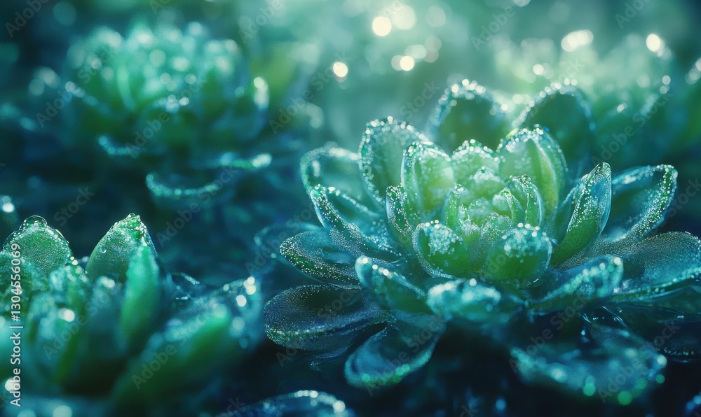 Poster bright macro shot of succulents glowing under soft natural light emphasizing intricate patterns and 