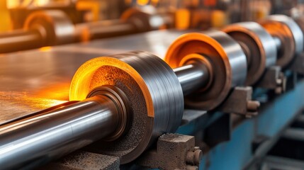 industrial machinery heavy equipment mechanized concept. Industrial machinery with glowing metal rollers in a factory setting.
