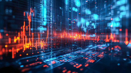 Abstract visualization of data from the field of information technology or finance. An interweaving of luminous lines and dots of blue and red colors forming graphs, tables and data streams.