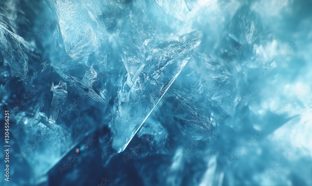 Poster close-up of translucent aqua ice crystals with intricate textures, illuminated by diffused light for