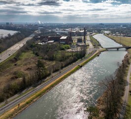 Aerial view of Augusta Canal and cityscape.