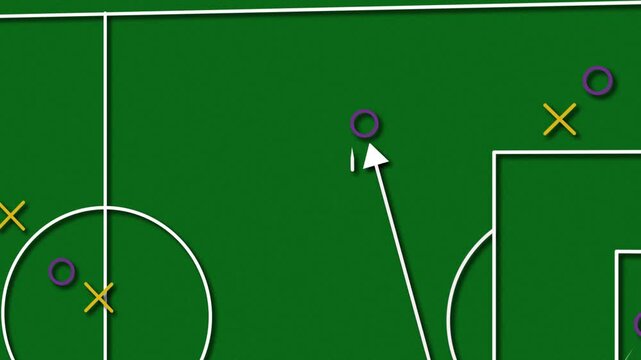"Animated soccer tactic board displaying player movements with arrows and strategy symbols. The smooth motion highlights a planned attack near the goal. Perfect for sports analysis and coaching conten
