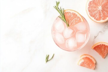 Refreshing Grapefruit Cocktail With Rosemary on Marble Countertop During Sunny Afternoon