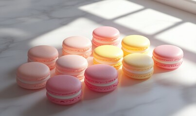 Obraz premium Bright pastel macarons in shades of pink and yellow, neatly arranged on a smooth white marble surface illuminated by natural light for an elegant dessert setup