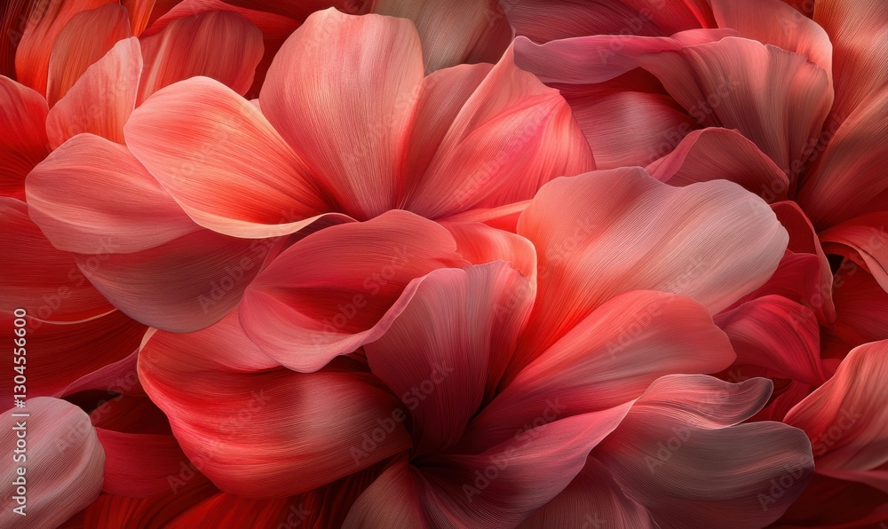 Poster close-up of vibrant red and pink flower petals illuminated by soft diffused light creating a dynamic