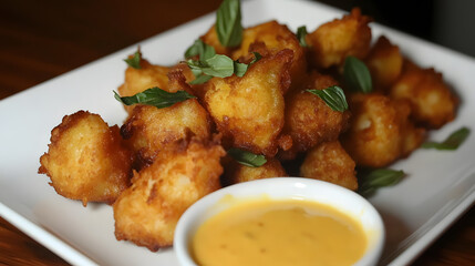 Fototapeta premium Tempura-style fried dumplings with a spicy crab filling, served with a citrusy dipping sauce and garnished with chopped basil leaves.