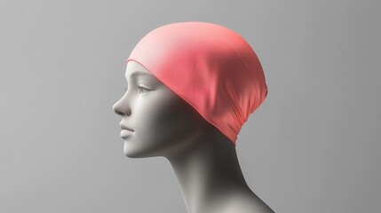 A sleek, vibrant coral silicone swim cap mockup, rendered in a minimalist style, showcases the cap is form and color against an elegant, minimalist mannequin head.