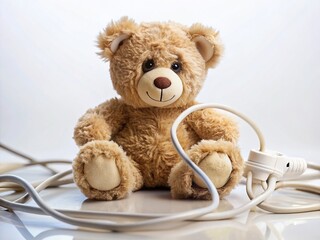 Fototapeta premium Fluffy Teddy Bear Napping on Electrical Cord - Stock Photo