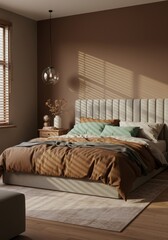 Fototapeta premium Serene Bedroom with Earthy Tones and Soft Lighting
