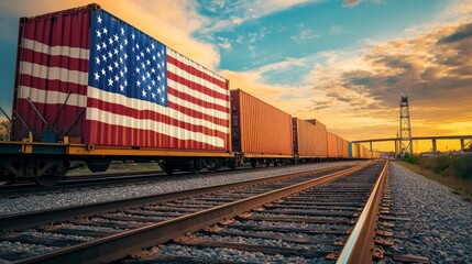 Fototapeta premium Cargo train loaded with domestically produced goods, American flags on shipping containers, boosting local economy,