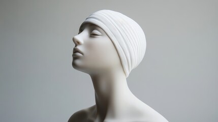 A sleek, white silicone swim cap, adorned with subtle texture, rests atop a lifelike mannequin head, its form a testament to the cap is design against a clean, neutral backdrop, showcasing the