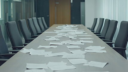 An empty boardroom with chairs pushed back and scattered papers, symbolizing recent layoffs, corporate restructuring, and economic impact.