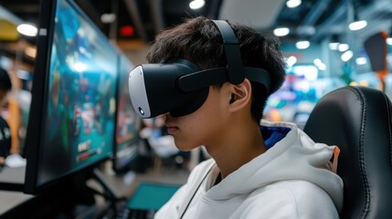 VR gamer in a virtual world. 
