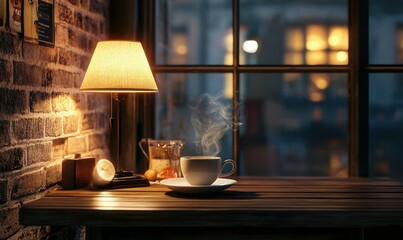 Cozy cafe corner with a steaming coffee cup, a glowing lamp, and a rustic wooden table, creating a warm and inviting evening vibe .