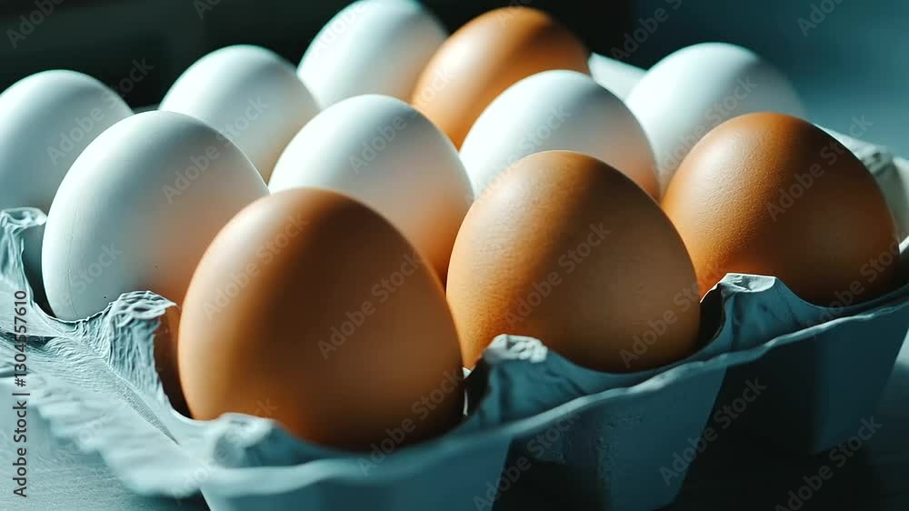 Poster a close-up of brown and white eggs arranged neatly in an eco-friendly carton, with subtle shadows cr