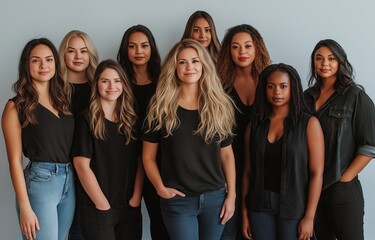Professional Photo of an All-Female Team with Diverse Ethnicities and Skin Tones, Smiling with Arms on Hips Against a Light Grey Background