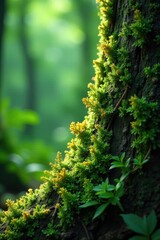 Obraz premium Lichens and mosses grow on tree trunks in a lush, green environment, jungle, tropical, lichen