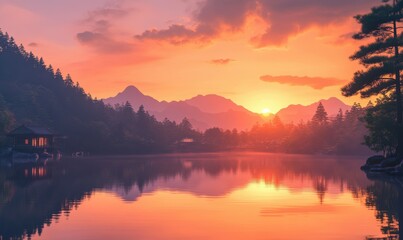 Captivating mountain lake surrounded by dense pine forests, reflecting the vibrant orange and pink hues of a serene sunset .