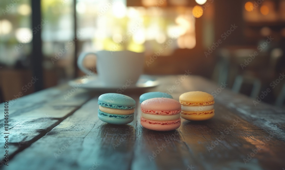 Poster cheerful assortment of pastel-colored macarons placed on a rustic wooden table illuminated by diffus
