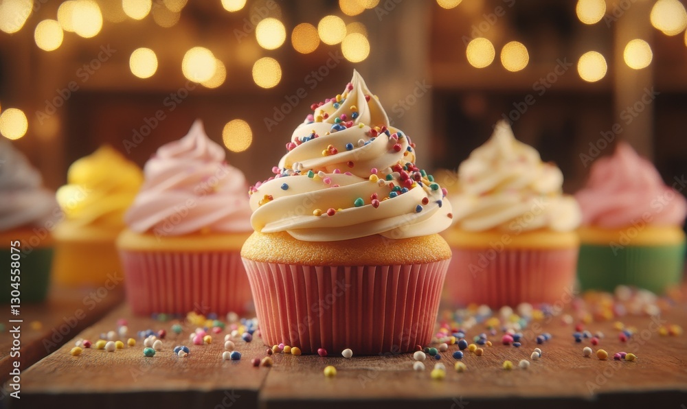 Poster cheerful cupcakes with colorful frosting and sprinkles arranged on a rustic wooden table illuminated