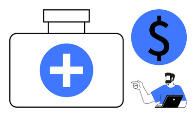 Fototapeta premium First aid kit with medical cross, blue dollar sign, man with beard pointing while working on laptop. Ideal for healthcare finance, budgeting, medical expenses, financial planning, insurance