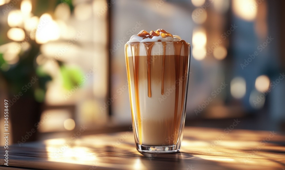 Poster creamy latte in a tall glass topped with frothy milk and caramel drizzle illuminated by warm natural