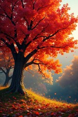 Lush branches with changing colors of deciduous tree, autumnal, change