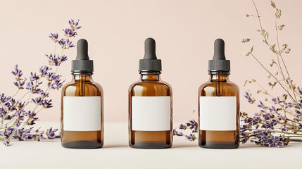 Elegant amber bottles with droppers surrounded by lavender flowers on soft background.