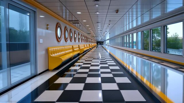 camera moving along the endless corridor with long yellow bench on chess pattern floor 