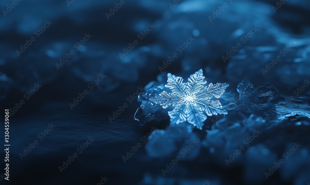 Poster delicate snowflake resting on a frosty surface illuminated by cold blue light creating a serene and 