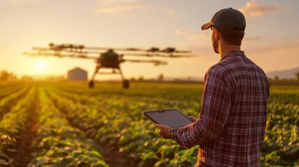 US farmer adapting to new tariffs by shifting to alternative crops, hopeful future, golden sunset,